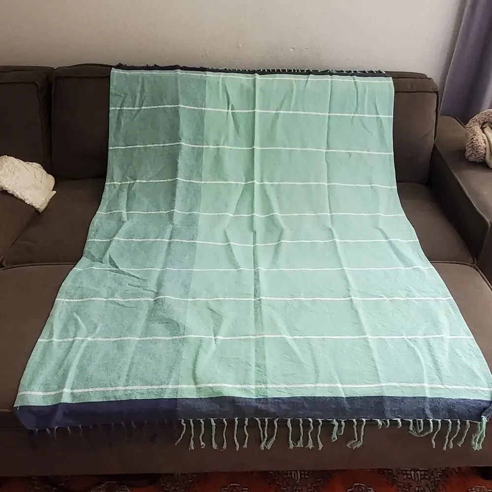 West Elm Multicolor Green Fringed 100% Cotton Throw Blanket Excellent condition